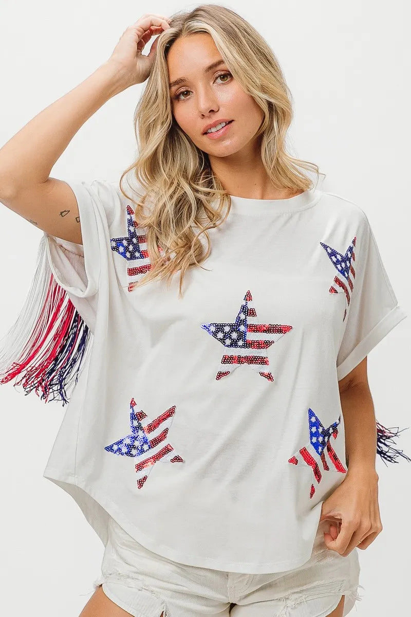 American Flag Sequin Star Fringe Top - Tigbul's Variety Fashion Shop