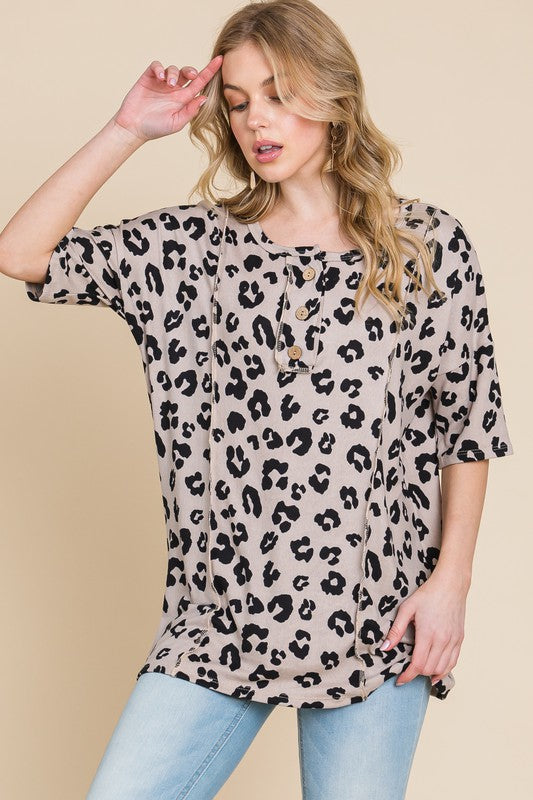 Button Detail Exposed Seam Leopard Half Sleeve Top - Tigbul's Variety Fashion Shop