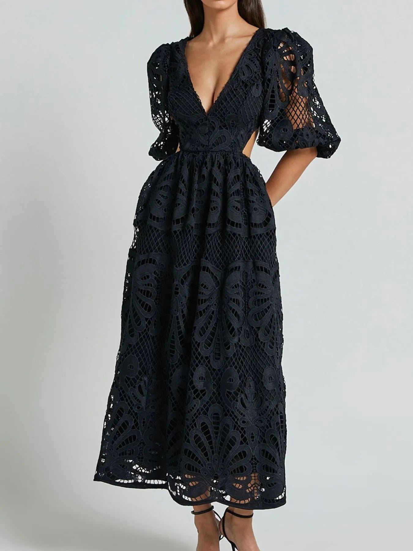 Cutout Back Lace Crochet V-Neck Dress - Tigbul's Variety Fashion Shop