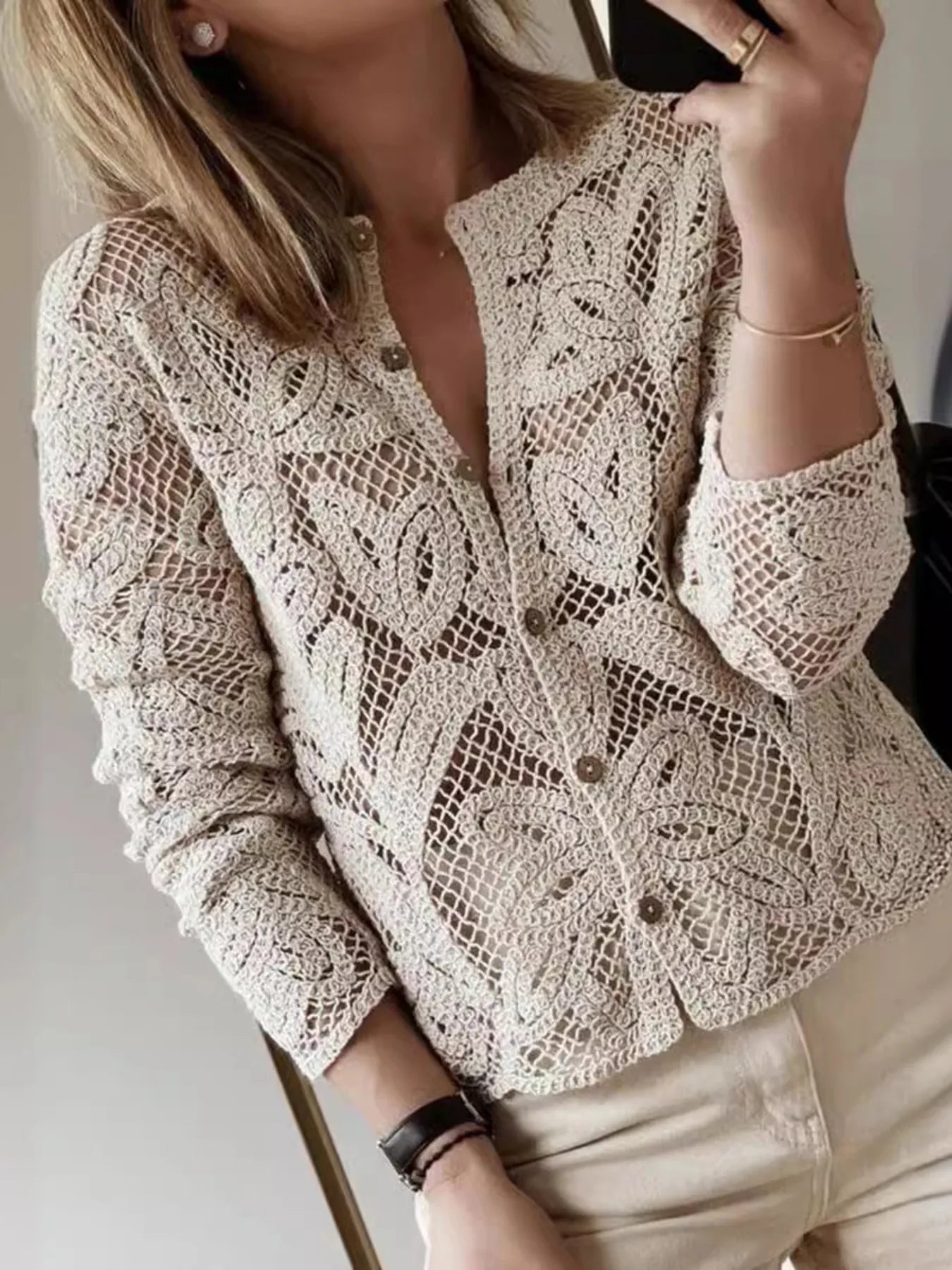 Lace Button-Up Long Sleeve Shirt - Tigbul's Variety Fashion Shop