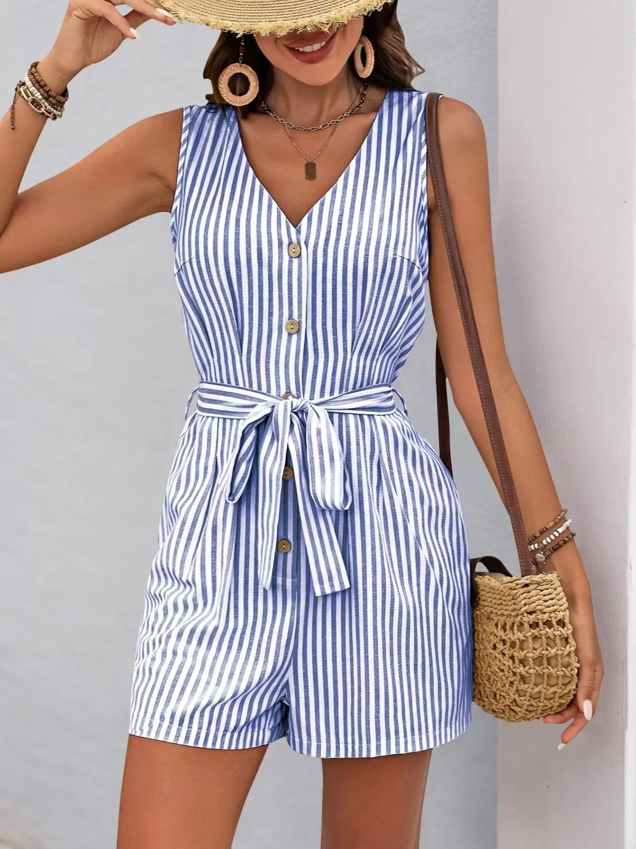Striped V-neck Button Front Belted Romper - Tigbul's Variety Fashion Shop
