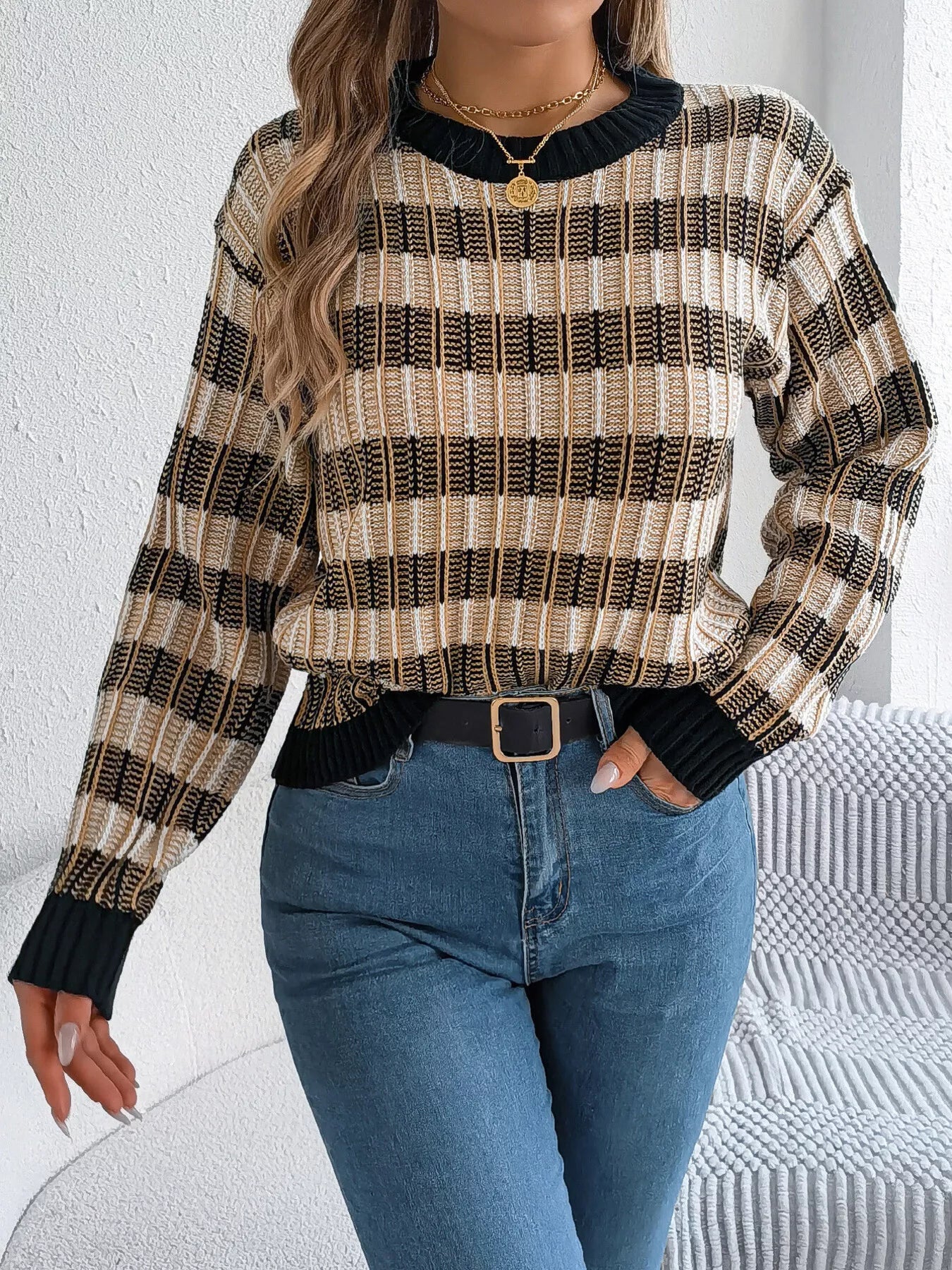 Striped Round Neck Long Sleeve Sweater - Tigbul's Variety Fashion Shop