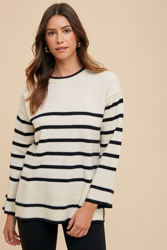 Ivory Side Slit Striped Round Neck Sweater - Tigbul's Variety Fashion Shop