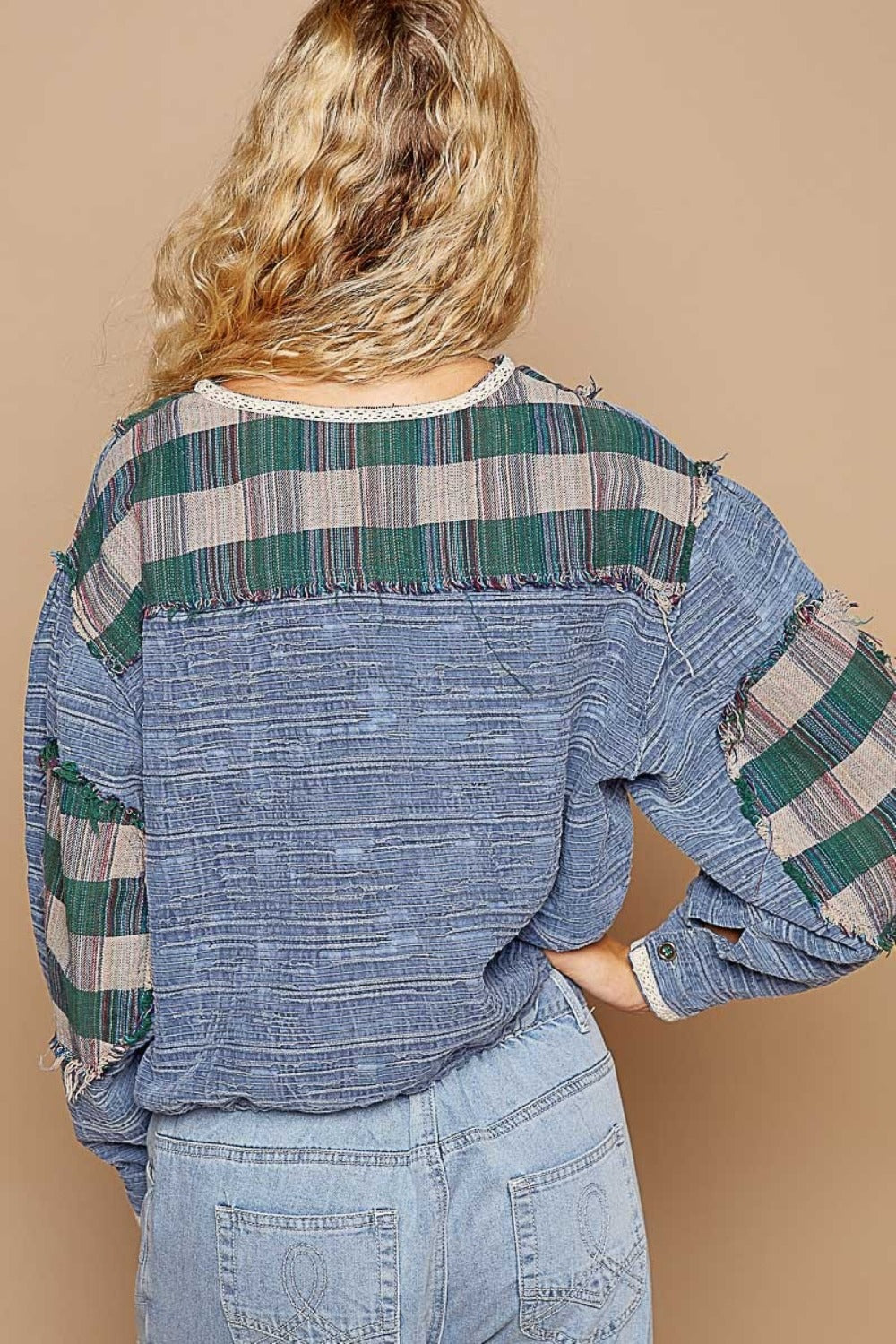 Blue Round Neck Long Sleeve Plaid Shirt - Tigbul's Variety Fashion Shop