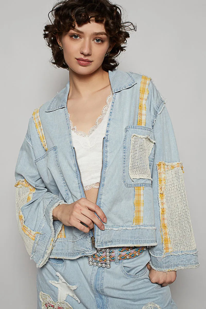 POL Raw Hem Zip Up Denim Jacket with Plaid and Crochet Patch - Tigbul's Variety Fashion Shop