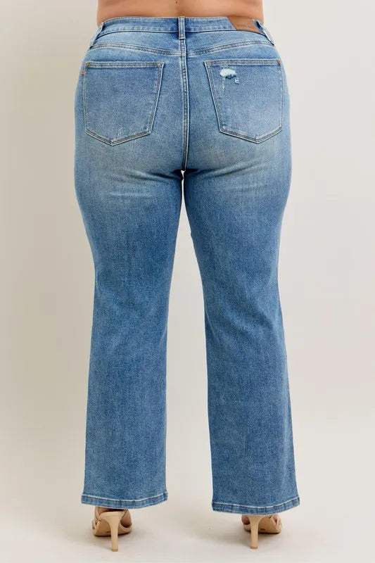 Judy Blue Full Size High Waist Vintage Wash Front Seam & Slit Straight Plus Size - Tigbul's Variety Fashion Shop