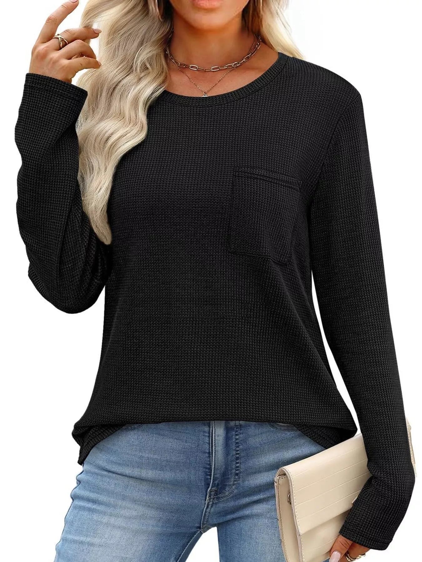 Waffle Knit Long Sleeve Pocket T-Shirt - Tigbul's Variety Fashion Shop