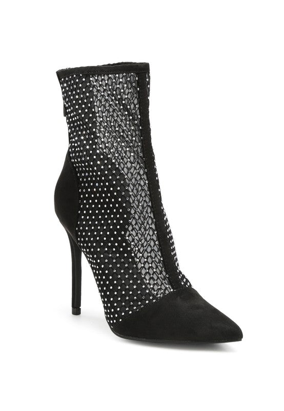 Jazz Rhinestone Embellished Mesh Black Stiletto Boots - Tigbul's Variety Fashion Shop