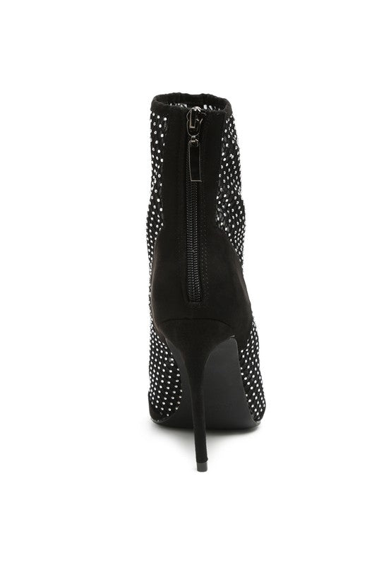 Jazz Rhinestone Embellished Mesh Black Stiletto Boots - Tigbul's Variety Fashion Shop