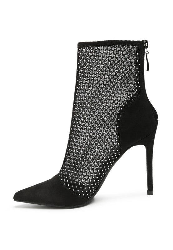 Jazz Rhinestone Embellished Mesh Black Stiletto Boots - Tigbul's Variety Fashion Shop