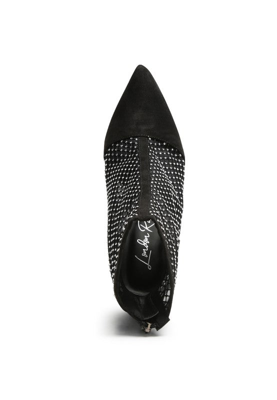 Jazz Rhinestone Embellished Mesh Black Stiletto Boots - Tigbul's Variety Fashion Shop