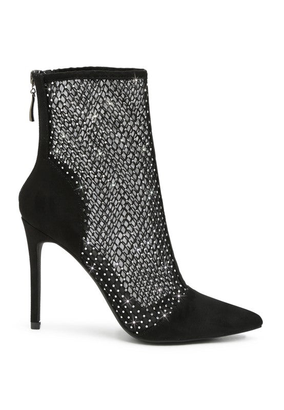 Jazz Rhinestone Embellished Mesh Black Stiletto Boots - Tigbul's Variety Fashion Shop