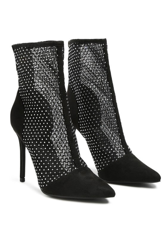 Jazz Rhinestone Embellished Mesh Black Stiletto Boots - Tigbul's Variety Fashion Shop