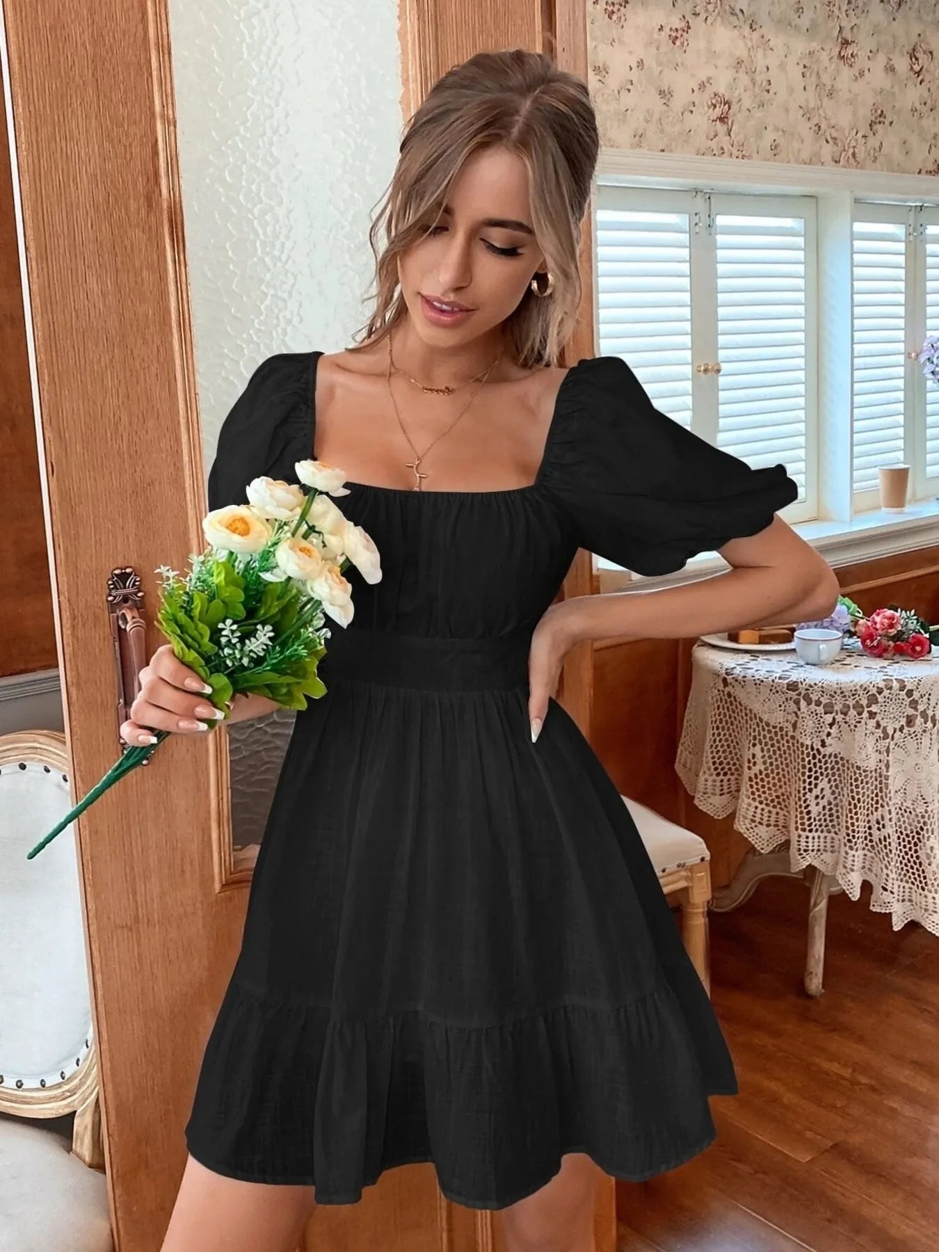 Square Neck Puff Sleeve Mini Dress - Tigbul's Variety Fashion Shop