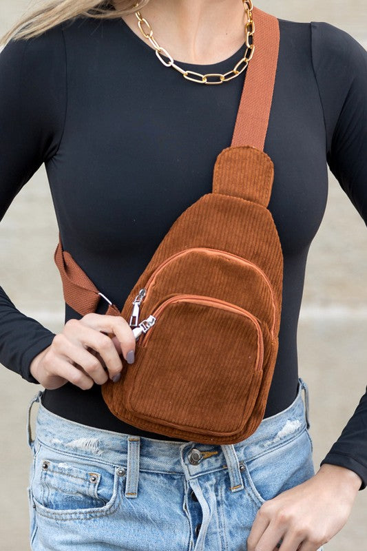 Ingrid Double Zip Corduroy Sling Bag - Tigbul's Variety Fashion Shop