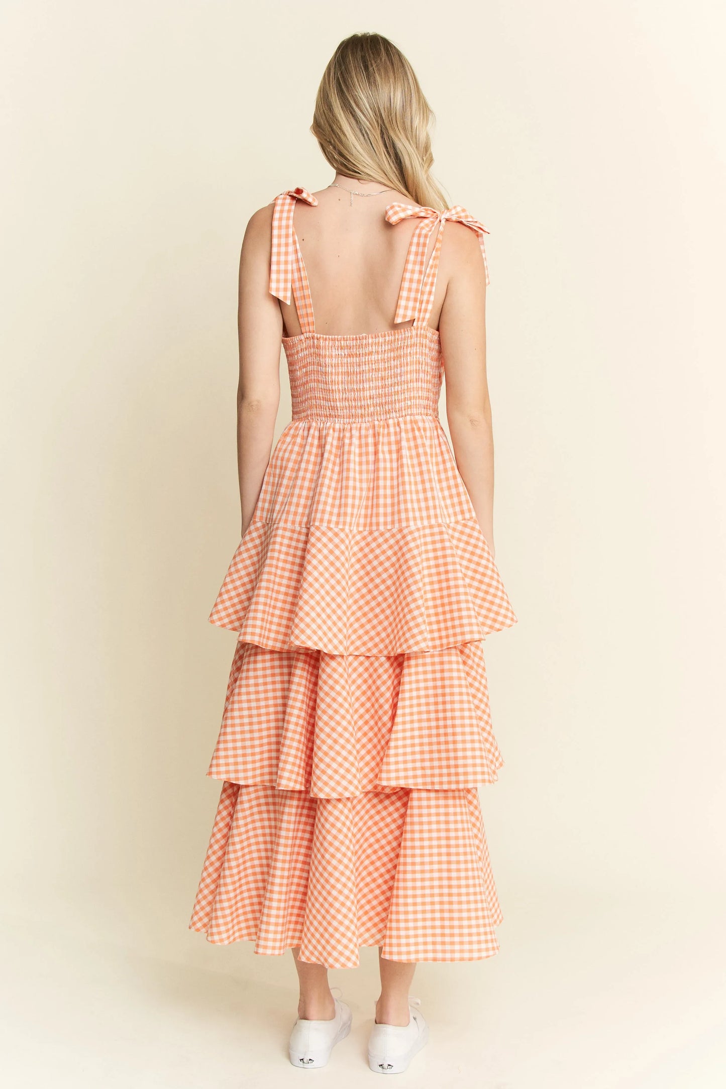 Orange Sleeveless Gingham Print Tiered Midi Dress - Tigbul's Variety Fashion Shop