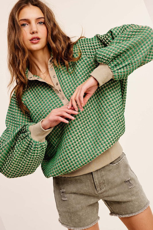 Oversized Two-Tone Textured Long Sleeve Top - Tigbul's Variety Fashion Shop