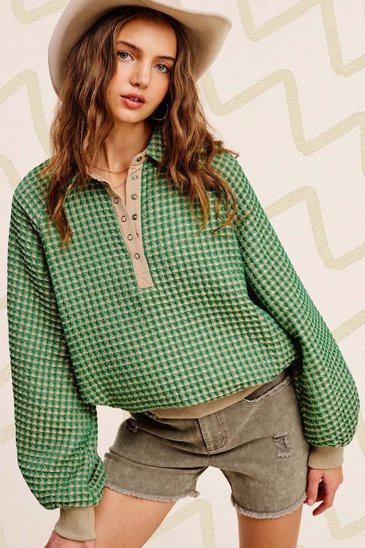Oversized Two-Tone Textured Long Sleeve Top - Tigbul's Variety Fashion Shop