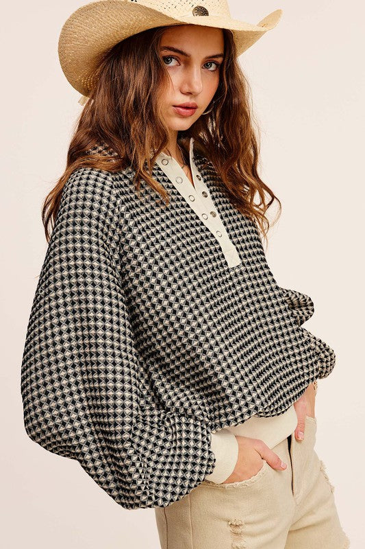 Oversized Two-Tone Textured Long Sleeve Top - Tigbul's Variety Fashion Shop
