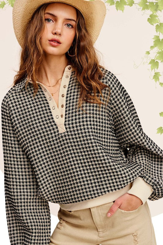 Oversized Two-Tone Textured Long Sleeve Top - Tigbul's Variety Fashion Shop