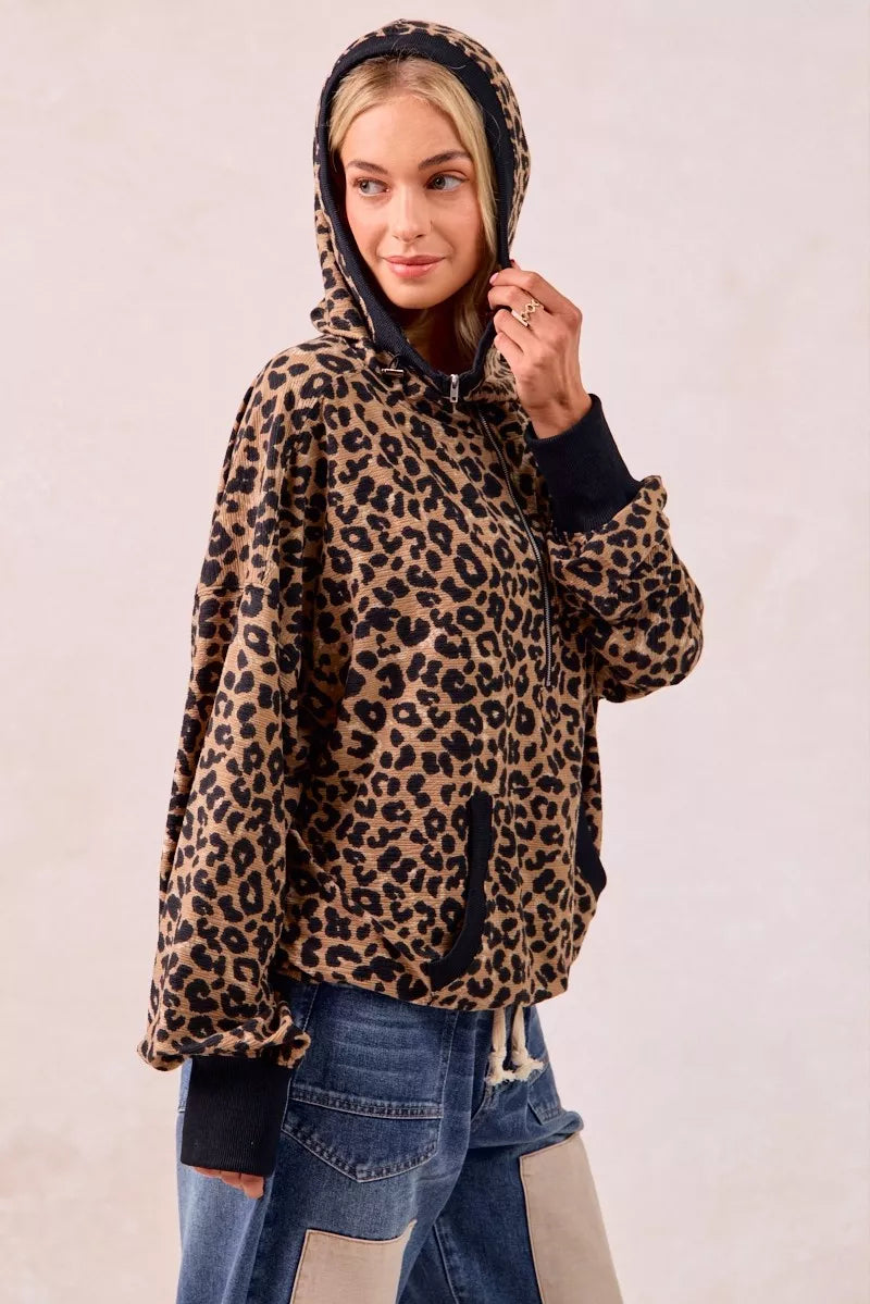 BiBi Leopard Print Waffle Half Zip Up Hoodie W Pocket - Tigbul's Variety Fashion Shop