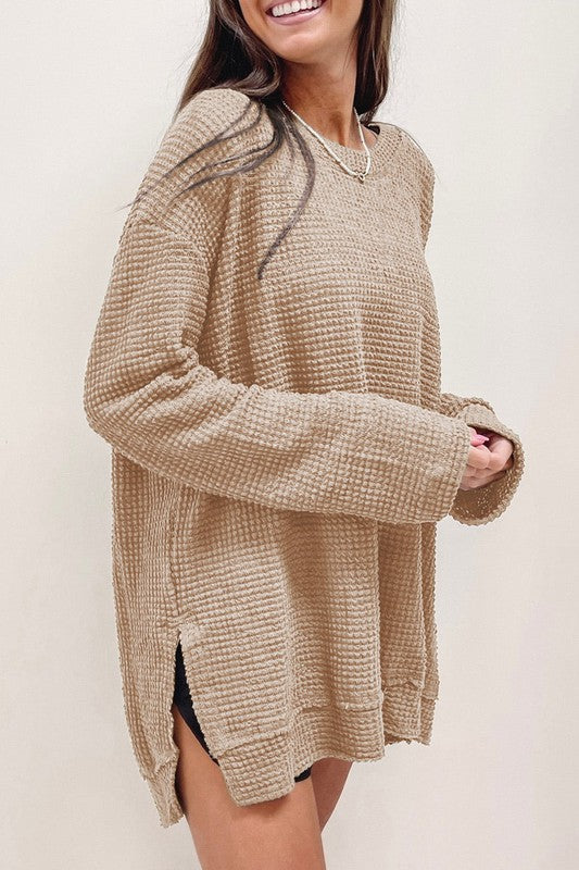 Waffle Knit Drop Sleeve Side Slits Oversized Top - Tigbul's Variety Fashion Shop