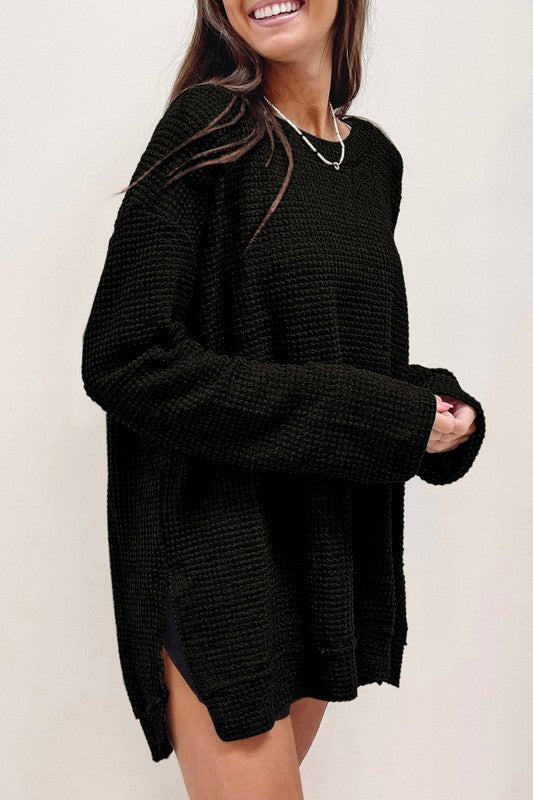 Waffle Knit Drop Sleeve Side Slits Oversized Top - Tigbul's Variety Fashion Shop