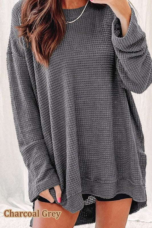 Waffle Knit Drop Sleeve Side Slits Oversized Top - Tigbul's Variety Fashion Shop