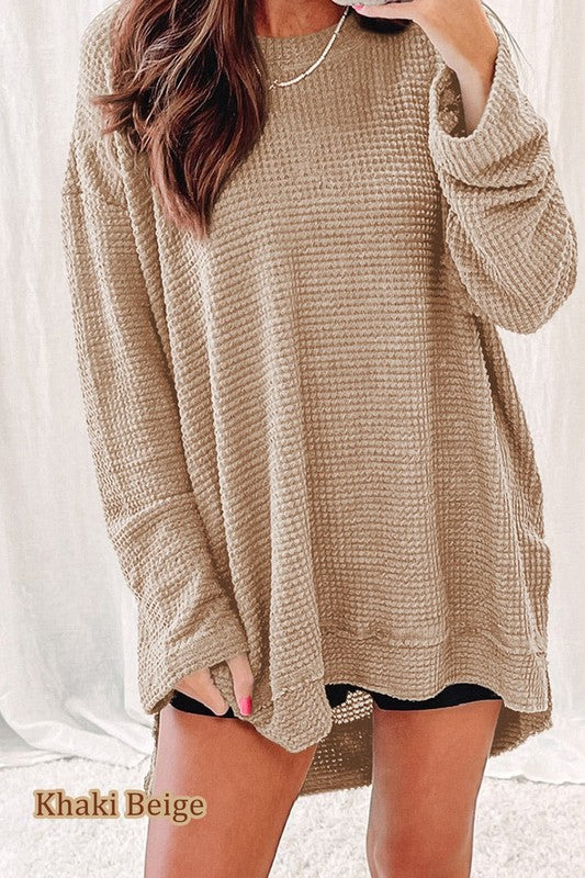 Waffle Knit Drop Sleeve Side Slits Oversized Top - Tigbul's Variety Fashion Shop