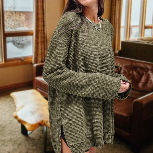 Waffle Knit Drop Sleeve Side Slits Oversized Top - Tigbul's Variety Fashion Shop