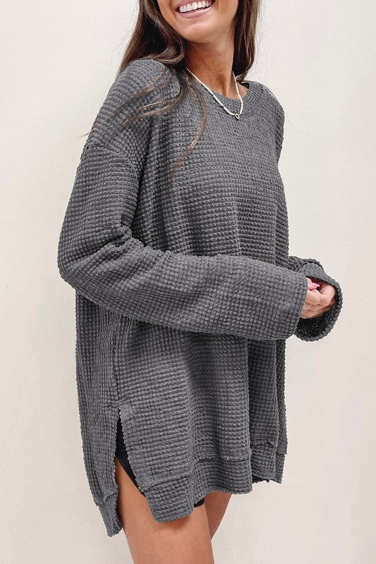 Waffle Knit Drop Sleeve Side Slits Oversized Top - Tigbul's Variety Fashion Shop