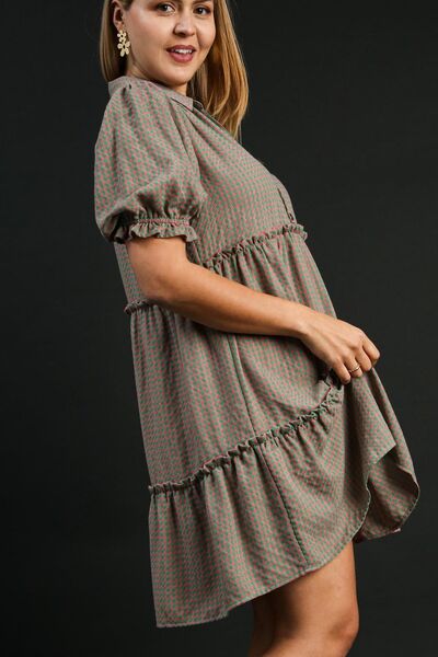 Green/Pink Plaid Frill Button Detail Ruffled Short Sleeve Dress - Tigbul's Variety Fashion Shop