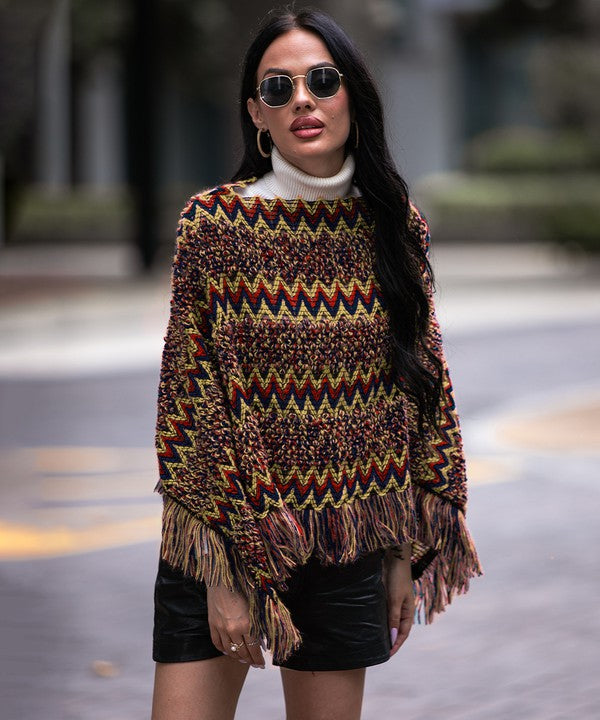 Red Fringe Trim Batwing Sleeve Poncho Sweater - Tigbul's Variety Fashion Shop