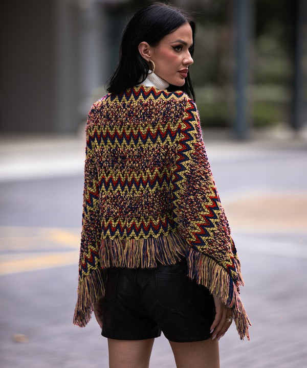Red Fringe Trim Batwing Sleeve Poncho Sweater - Tigbul's Variety Fashion Shop