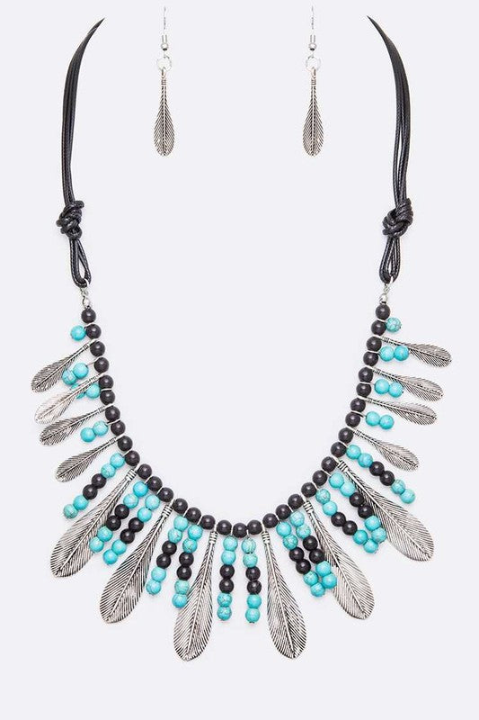 Metal Feather Mix Beads Statement Necklace Set - Tigbul's Variety Fashion Shop