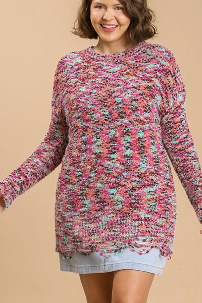 Distressed Hem Multicolored Round Neck Knit Tunic Dress - Tigbul's Variety Fashion Shop