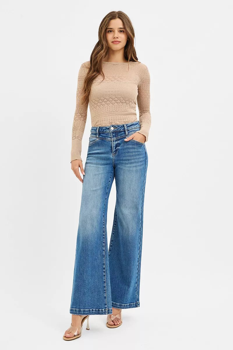 RISEN High Rise Wide Leg Jenas with Front Yoke and Heart Back Pocket - Tigbul's Variety Fashion Shop