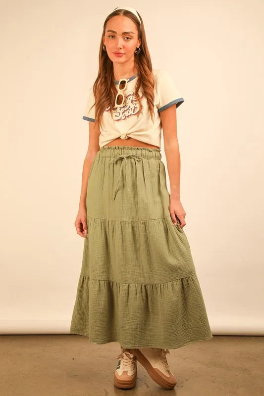 Green Elastic Waist Tiered Maxi Skirt - Tigbul's Variety Fashion Shop