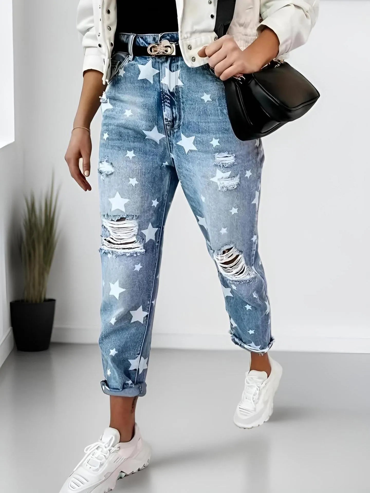 Star Print Distressed High Waist Boyfriend Jeans - Tigbul's Variety Fashion Shop