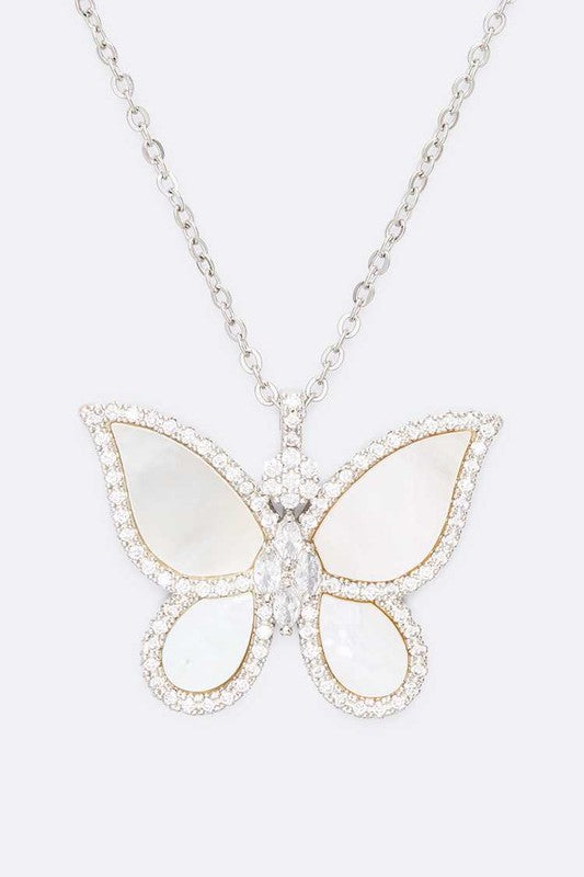 MOP Cubic Zirconia Butterfly Pendant Necklace Set - Tigbul's Variety Fashion Shop