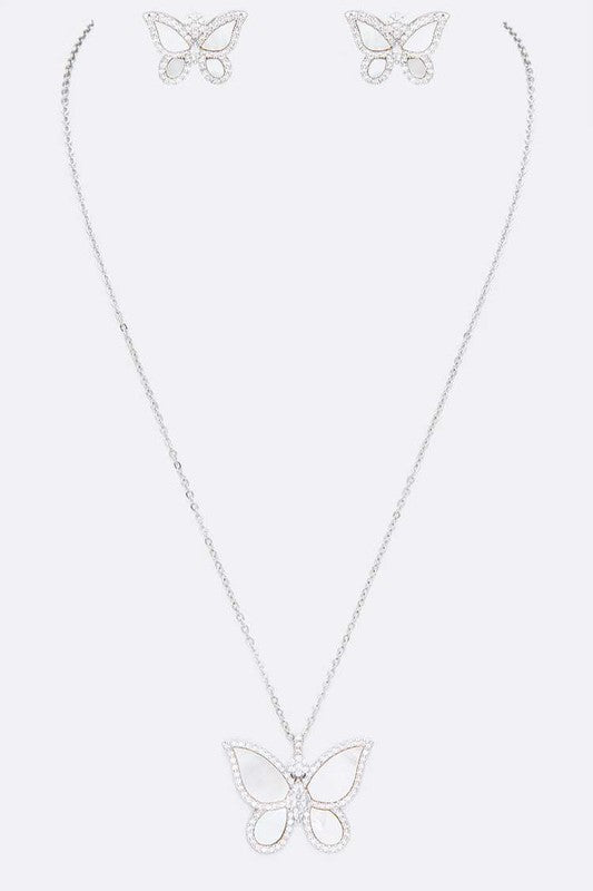 MOP Cubic Zirconia Butterfly Pendant Necklace Set - Tigbul's Variety Fashion Shop