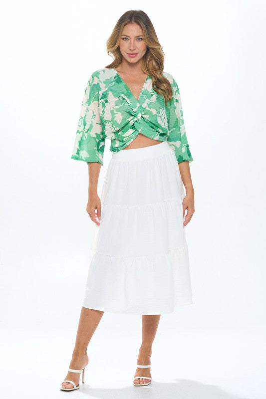 Made in USA Floral Mid Sleeve Top w Front Twist - Tigbul's Variety Fashion Shop