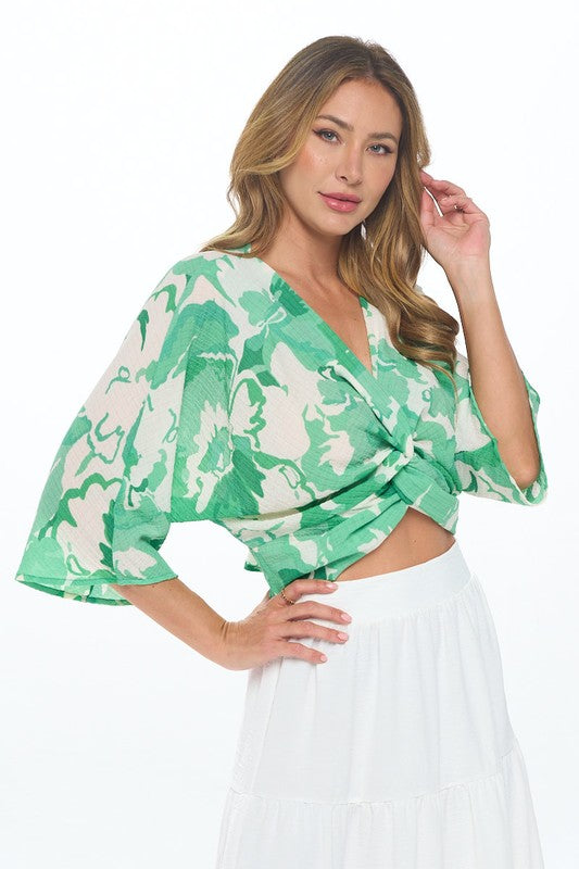 Made in USA Floral Mid Sleeve Top w Front Twist - Tigbul's Variety Fashion Shop