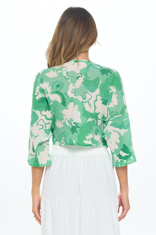 Made in USA Floral Mid Sleeve Top w Front Twist - Tigbul's Variety Fashion Shop