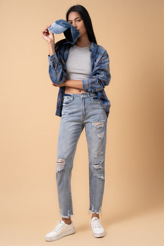Fray Distressed Girlfriend Jeans - Tigbul's Variety Fashion Shop