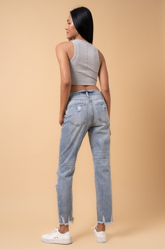 Fray Distressed Girlfriend Jeans - Tigbul's Variety Fashion Shop