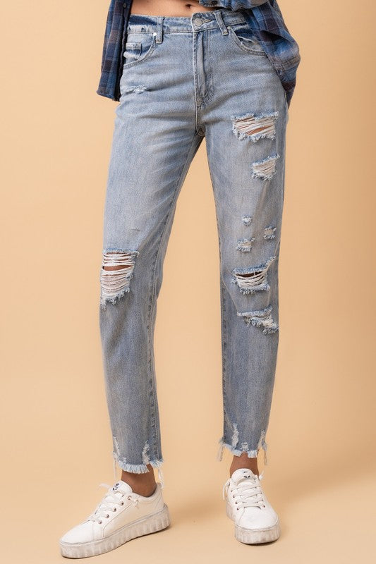 Fray Distressed Girlfriend Jeans - Tigbul's Variety Fashion Shop