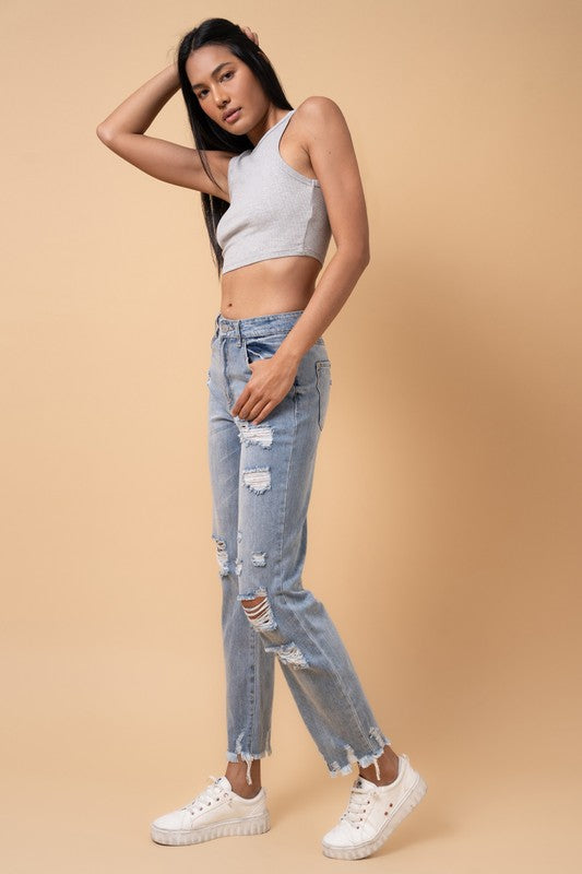 Fray Distressed Girlfriend Jeans - Tigbul's Variety Fashion Shop