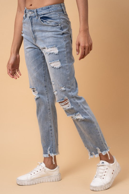 Fray Distressed Girlfriend Jeans - Tigbul's Variety Fashion Shop
