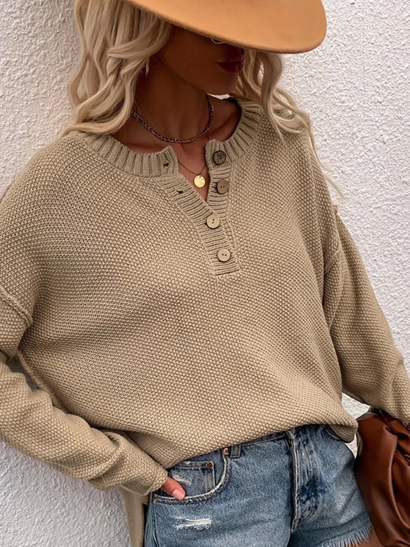 Button Detail Long Sleeve Knit Top - Tigbul's Variety Fashion Shop